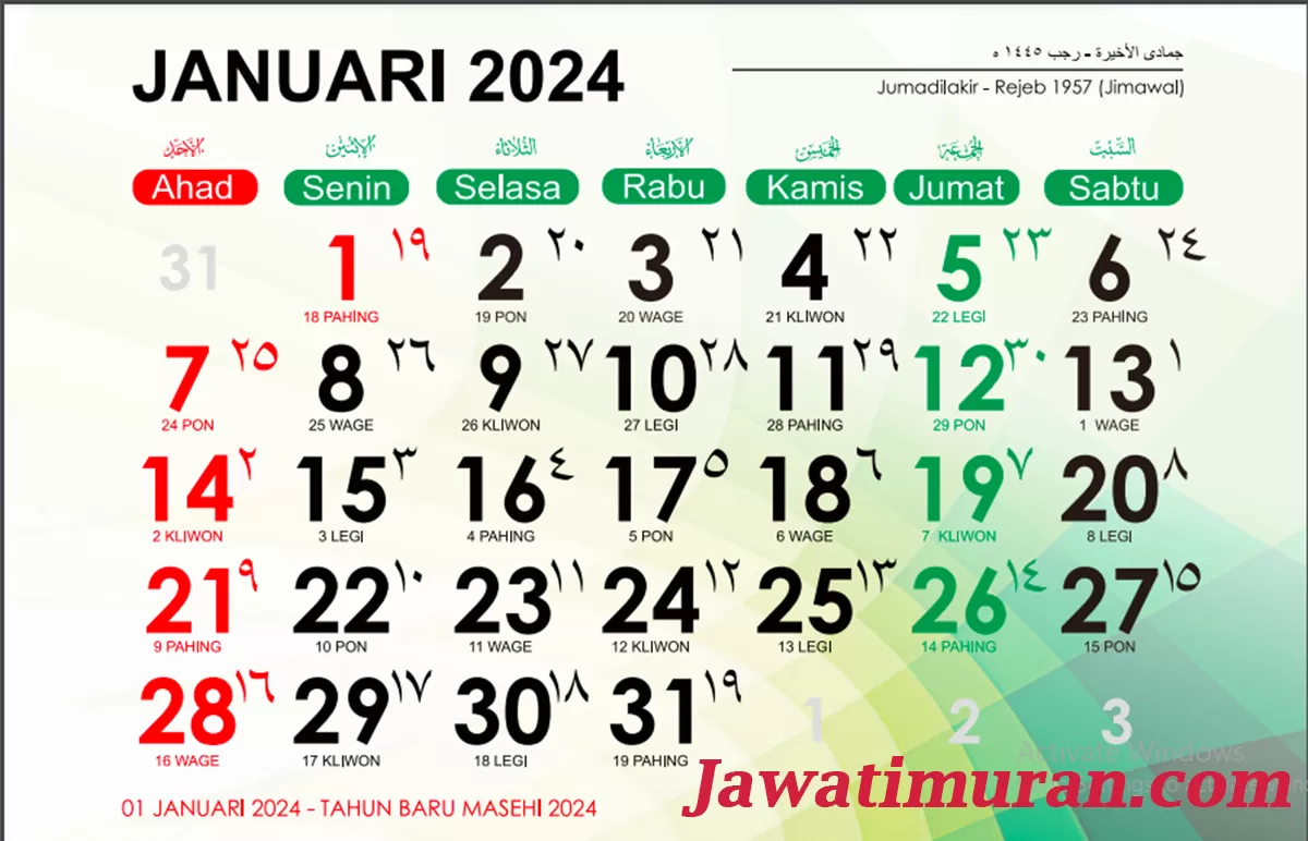 Kalender Jawa Januari Lengkap Dengan Weton Untuk Menghitung Hari