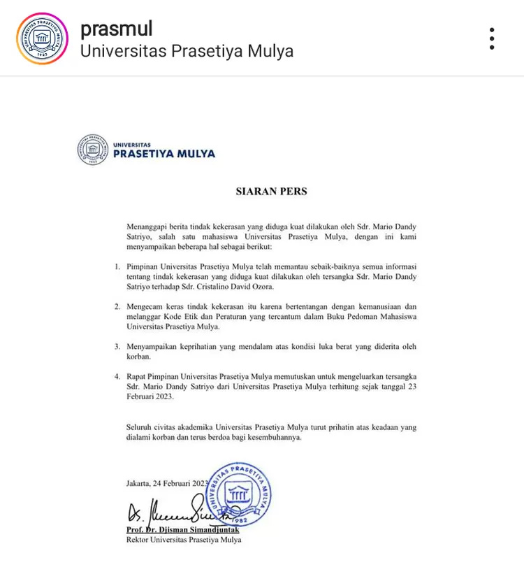 Kecam Tindak Kekerasan Universitas Prasetiya Mulya Drop Out Mario