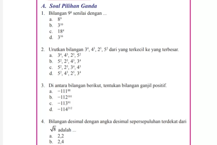 Latihan Soal Dan Kunci Jawaban Pg Bilangan Berpangkat Bulat Positif