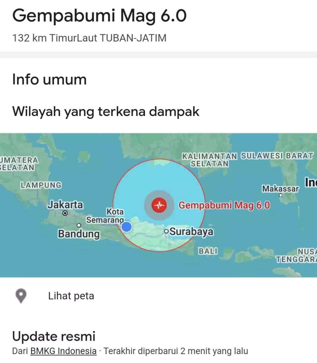 Gempa Tuban Gempa Terkini 2 Menit Lalu 6 Magnitudo Tidak Berpotensi