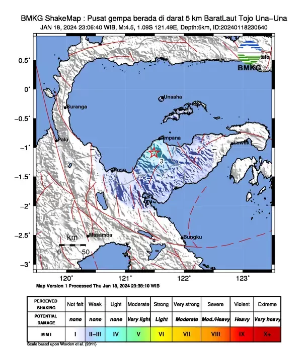 Gempa bumi terjadi dengan kekuatan M5,4 pada Jumat dini hari (19/1), pukul 00.36 WIB atau 01.36 waktu setempat. Foto: BMKG