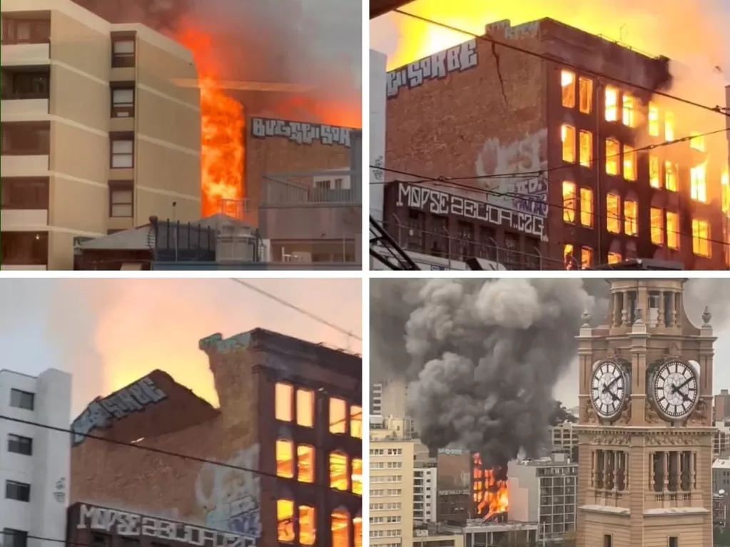CBD Sydney terbakar hebat dengan sejumlah bangunan runtuh dan telah membuat aktivitas di kota tersebut terhenti. (Foto: news com au)