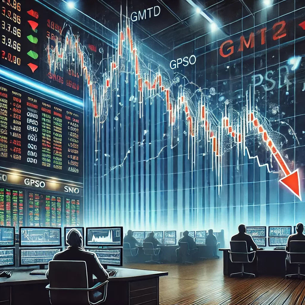 penurunan dramatis harga saham dengan suasana di lantai bursa saham yang penuh ketegangan (Ilustrasi: Image Generator)