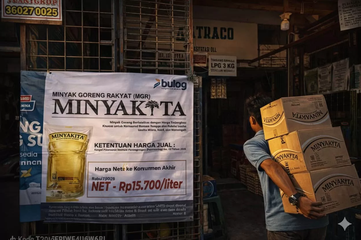 Pedagang memindahkan kardus berisi minyak kita saat pendistribusian  di salah satu pasar tradisional Aceh, Kamis (19/2/2026). Foto Humas Bulog Aceh.