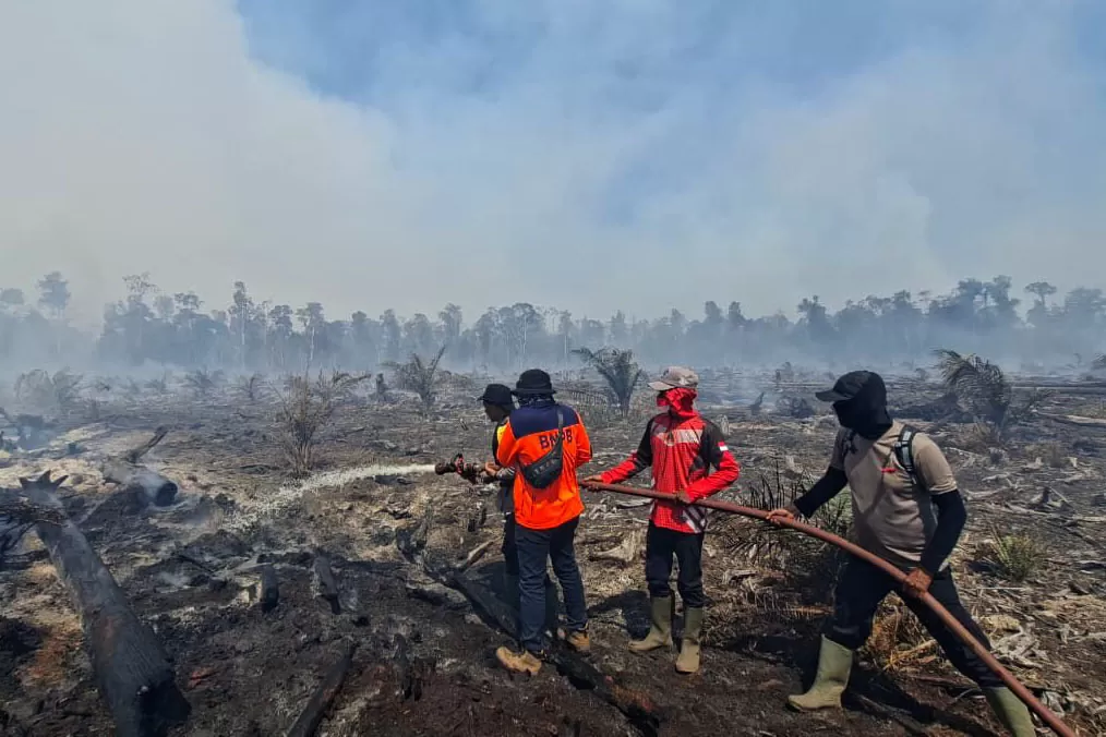 Foto : Tim gabungan memadamkan kebakaran hutan dan lahan di Kabupaten Nagan Raya, Provinsi Aceh, Minggu (31/5).  Foto Dok BPBD Kabupaten Nagan Raya.