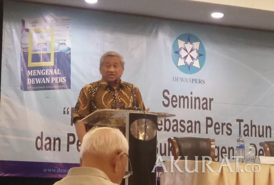 Ketua Dewan Pers, Mohammad Nuh, di acara seminar 'Refleksi Kebebasan Pers Tahun 2019 dan Peluncuran Buku Mengenal Dewan Pers' di Grand Sahid Hotel, Jakarta Pusat, Selasa (17/12/2019)