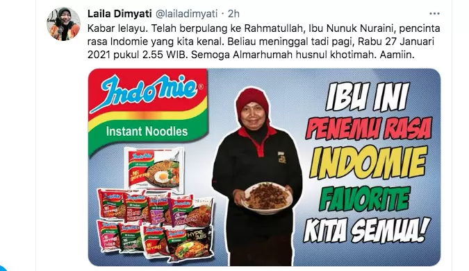 Duka Warganet Indonesia, Peracik Bumbu Indomie Nunuk Nuraini Meninggal ...