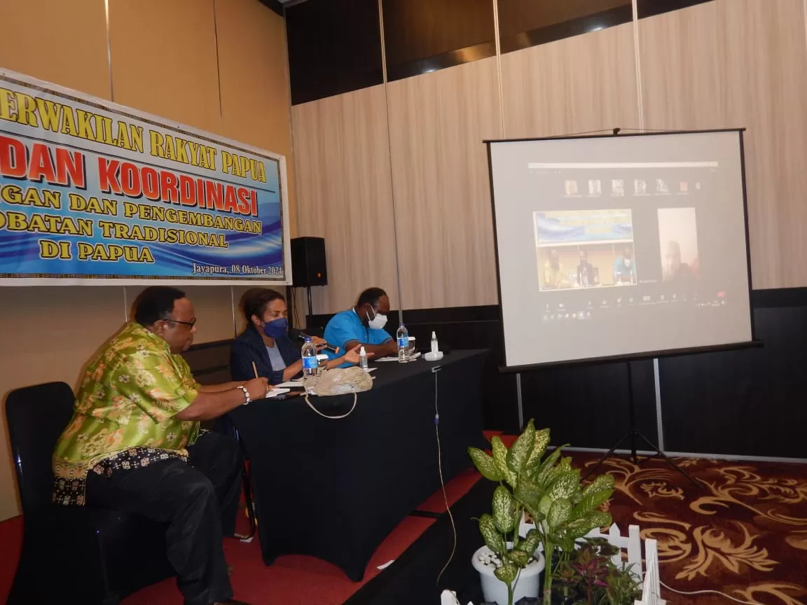 Ketua Kelompok Khusus DPRP John NR. Gobai,  dalam diskusi webinar di Hotel Horison Kota Jayapura, Sabtu (9/10). (Yewen/cepos)