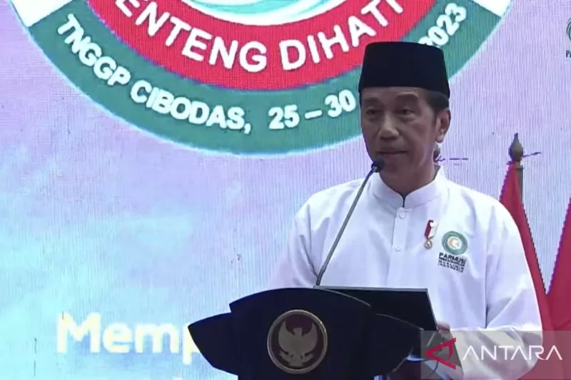 Tangkapan layar Presiden Joko Widodo ketika menyampaikan sambutan dalam Pembukaan Jambore Nasional Dai Desa Madani Parmusi 2023 di Taman Nasional Gunung Gede Pangrango, Kabupaten Cianjur, Jawa Barat, Selasa (26/9/2023). (ANTARA/Yashinta Difa)