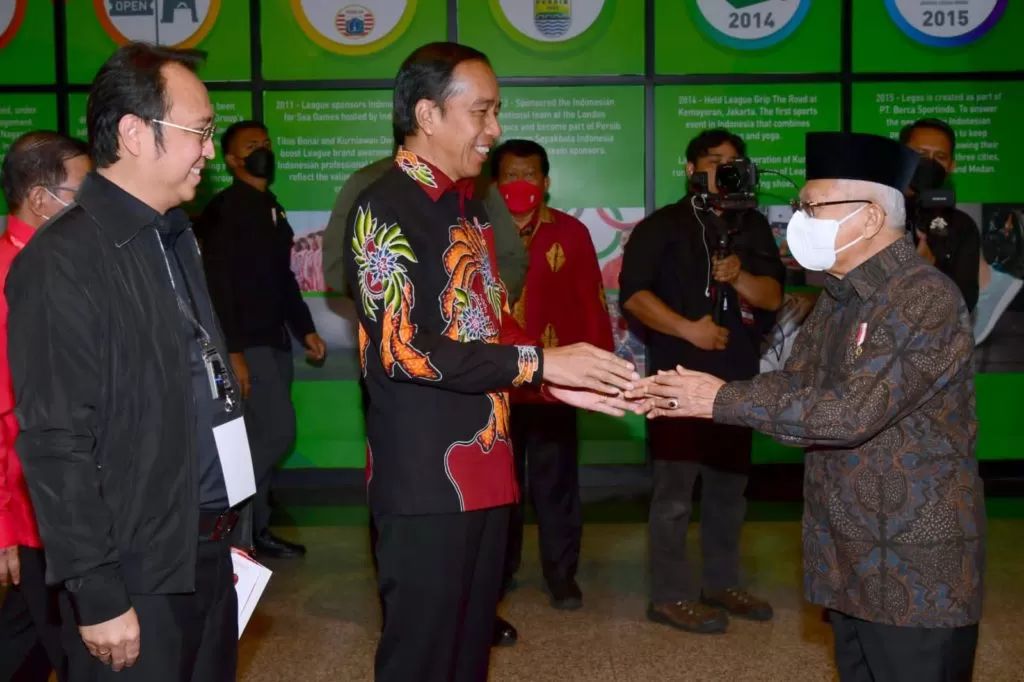 Presiden Jokowi dan Wapres Ma’ruf Amin pada Peringatan HUT Ke-50 PDI Perjuangan di JIExpo Kemayoran, Jakarta, Selasa (10/1/2023). foto: setpres