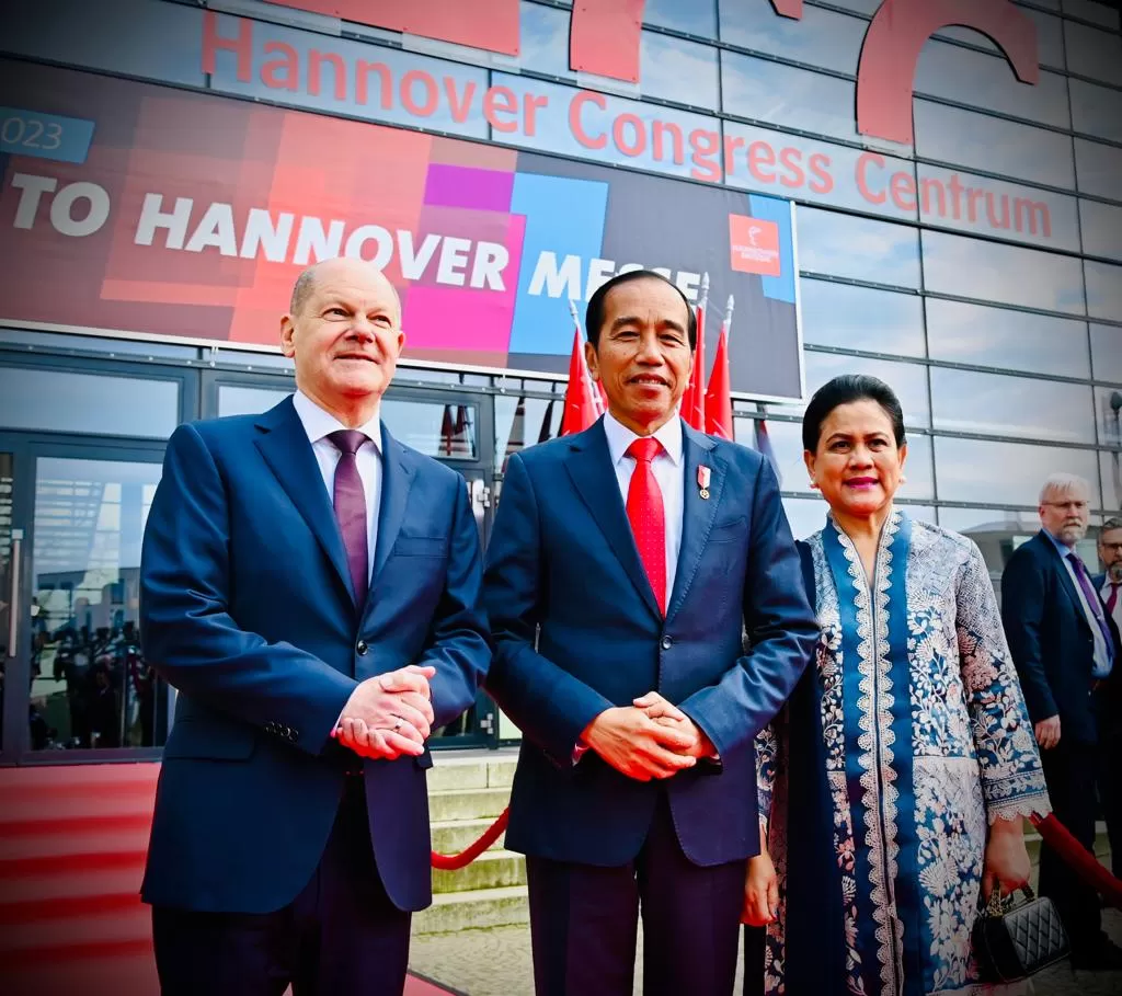 Presiden Jokowi dan Ibu Iriana Joko Widodo bersama Kanselir Jerman Olaf Scholz akan membuka Paviliun Indonesia di Hannover Messe 2023. foto: ist