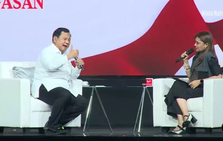 Bacapres 2024 - 2029 Prabowo Subianto dalam acara Mata Najwa on Stage: Bacapres Bicara Gagasan, di Grha Sabha Pramana Universitas Gadjah Mada (UGM), Sleman, DIY, Selasa (19/9/2023). Foto: Tangkap layan siaran langsung di narasi tv