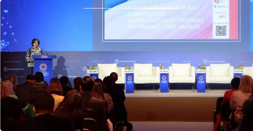 Menkeu Sri Mulyani Indrawati berbicara pada Forum Annual Meetings 2023 Flagship Side Event, Kamis (12/10/2023) di Marrakesh, Maroko. foto: ist