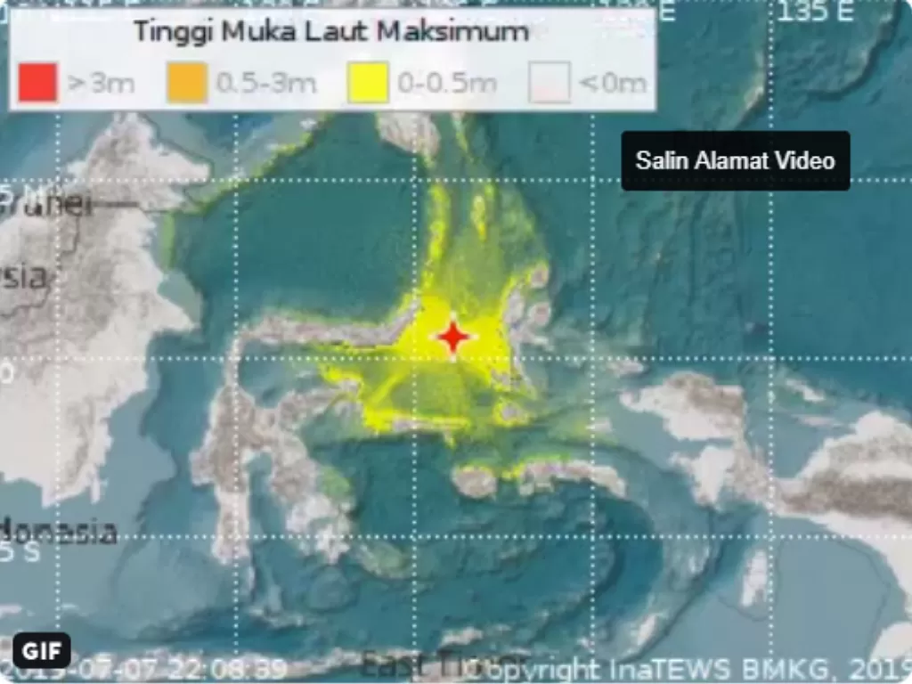 Potensi terdampak tsunami akibat gempa, 7/7/2019 (BMKG)