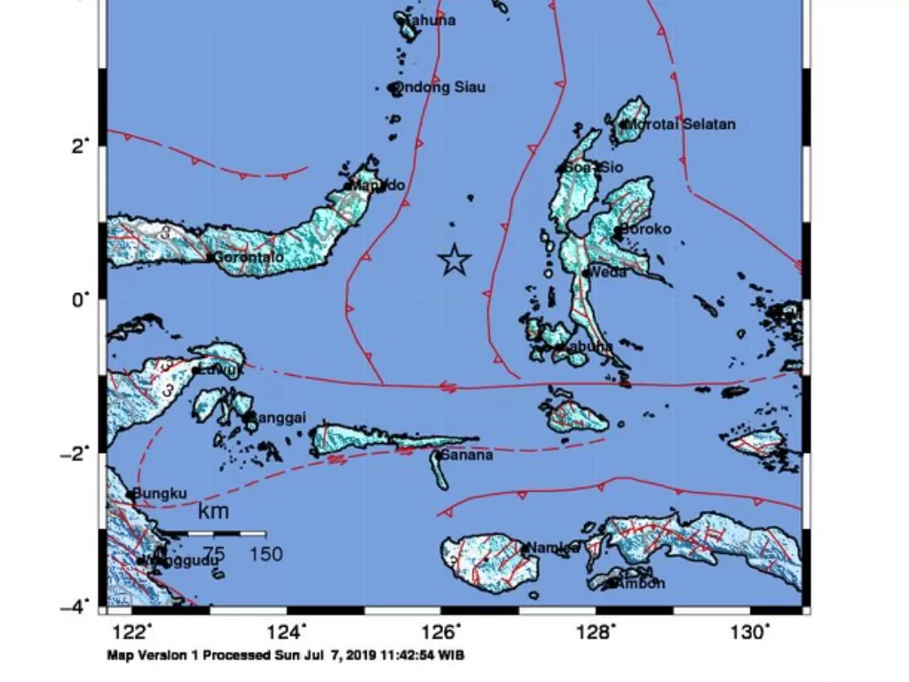 Peta potensi tsunami akibat gempa Malut, Minggu , 7/7/2019. (BMKG)