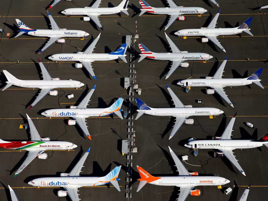 Armada Boeing 737 Max dari berbagai maskapai terparkir di markas Boeing di Seattle, Amerika Serikat.  (Reuters/Lindsey Wasson)