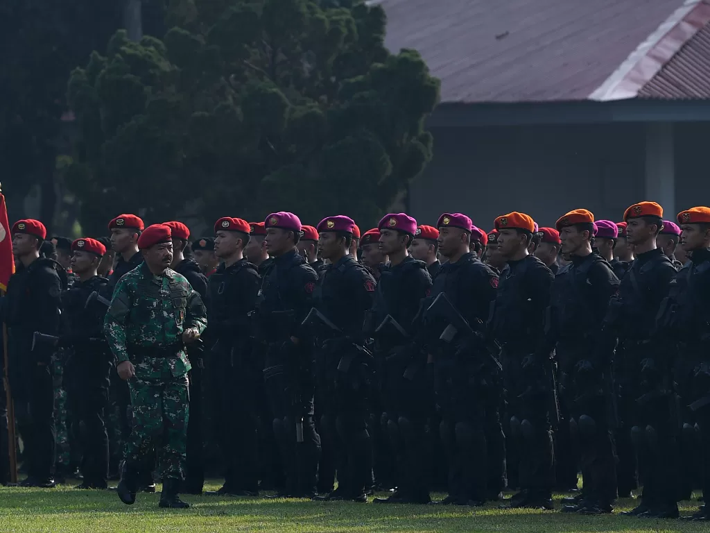 Panglima TNI saat melakukan pemeriksaan pasukan upacara peresmian Koopsus TNI. (Antara/Sigid Kurniawan)