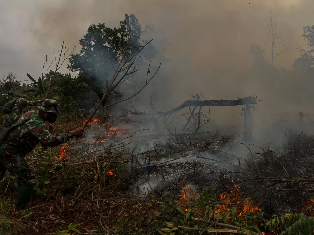 Personel TNI dari Kodim 0301 Pekanbaru berusaha memadamkan api yang membakar semak belukar di Pekanbaru, Riau, Selasa (6/8/2019). (ANTARA/Rony Muharrman).