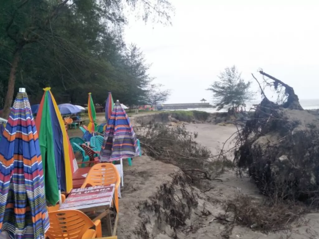 Gelombang tinggi air laut menyebabkan bibir Pantai Kata di Kota Pariaman, Sumatera Barat terkikis. (ANTARA/Adiaat M.S)