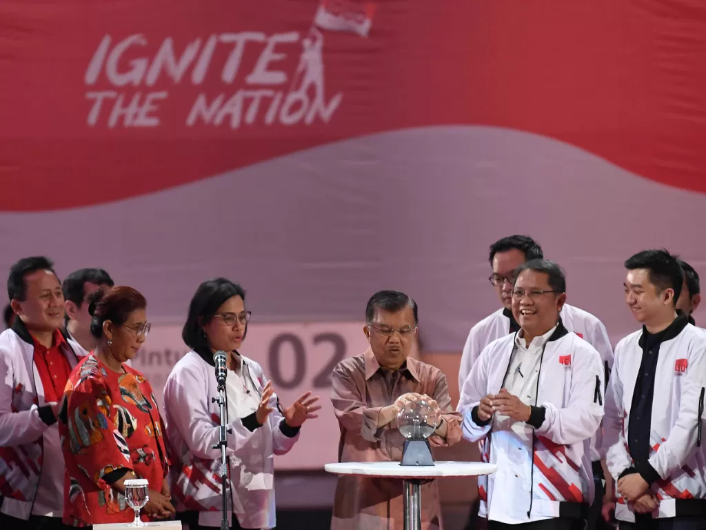 JK saat gelaran ignite the Nation-Gerakan Nasional 1000 Startup Digital Satu Indonesia di Istora Senayan, Jakarta, Minggu (18/8/2019)/ ANTARA FOTO/Puspa Perwitasari/ama.