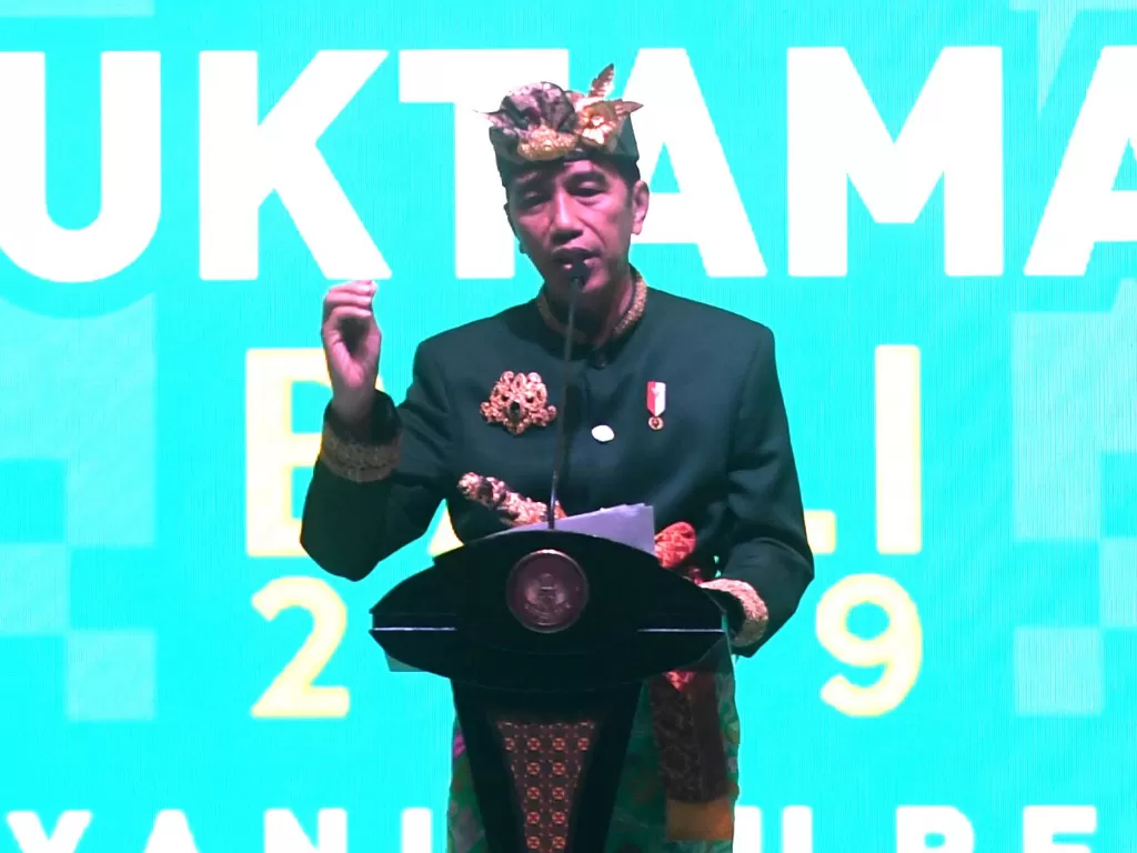 Presiden Joko Widodo berpidato ketika Muktamar V PKB di Bali, Selasa (20/8/2019). (ANTARA/Akbar Nugroho Gumay).