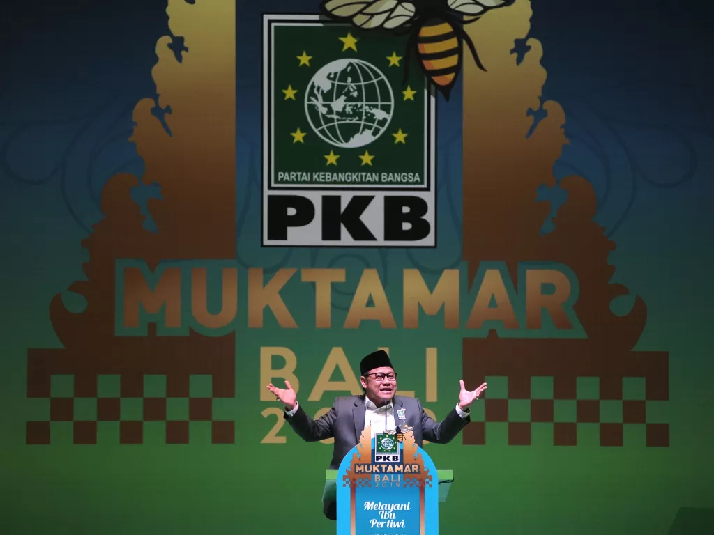 Ketua Umum Partai Kebangkitan Bangsa (PKB) Muhaimin Iskandar berpidato saat penutupan Muktamar PKB 2019 di Nusa Dua, Badung, Bali, Rabu (21/8/2019). (ANTARA FOTO/Fikri Yusuf)
