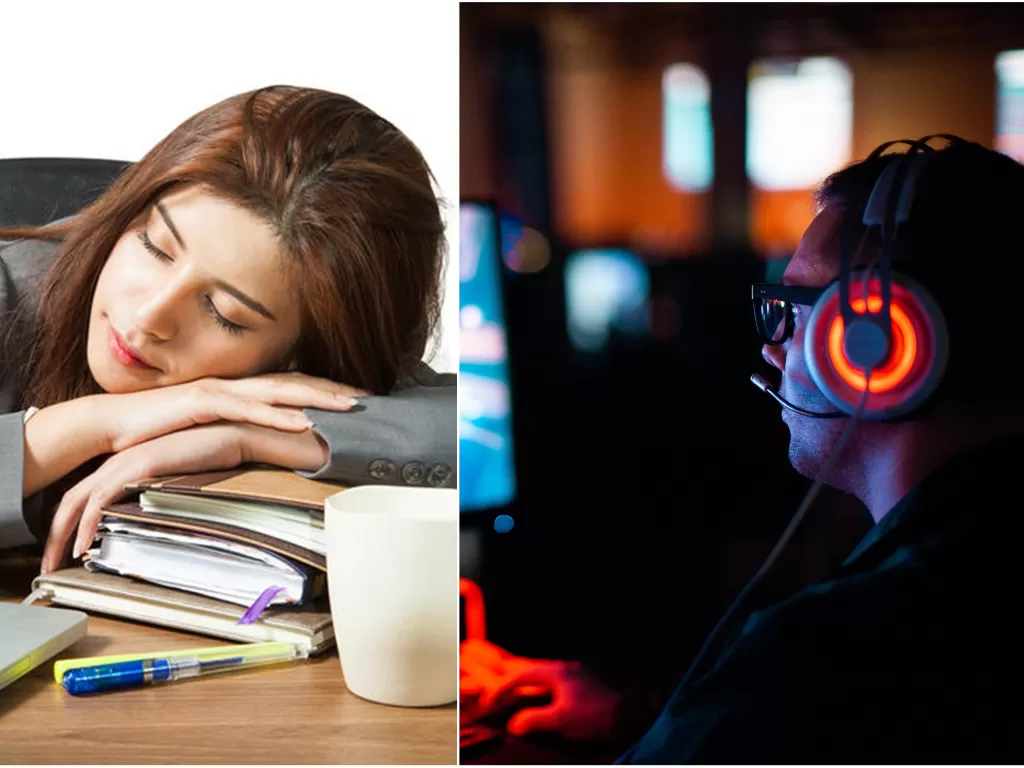Kiri: Ilustrasi tidur saat kerja (keranews.com). Kanan: Ilustrasi bermain game online saat kerja (Unsplash/@everywheresean)