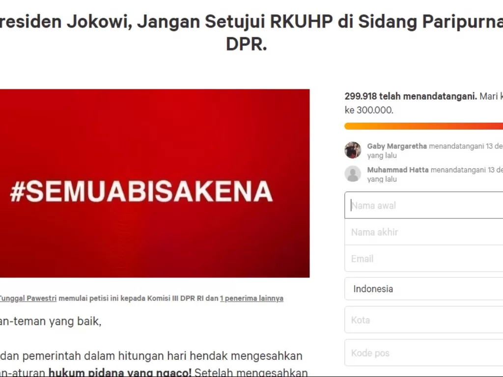 tangkapan gambar petisi untuk Presiden Joko Widodo agar menolak RKUHP. (change.org) 