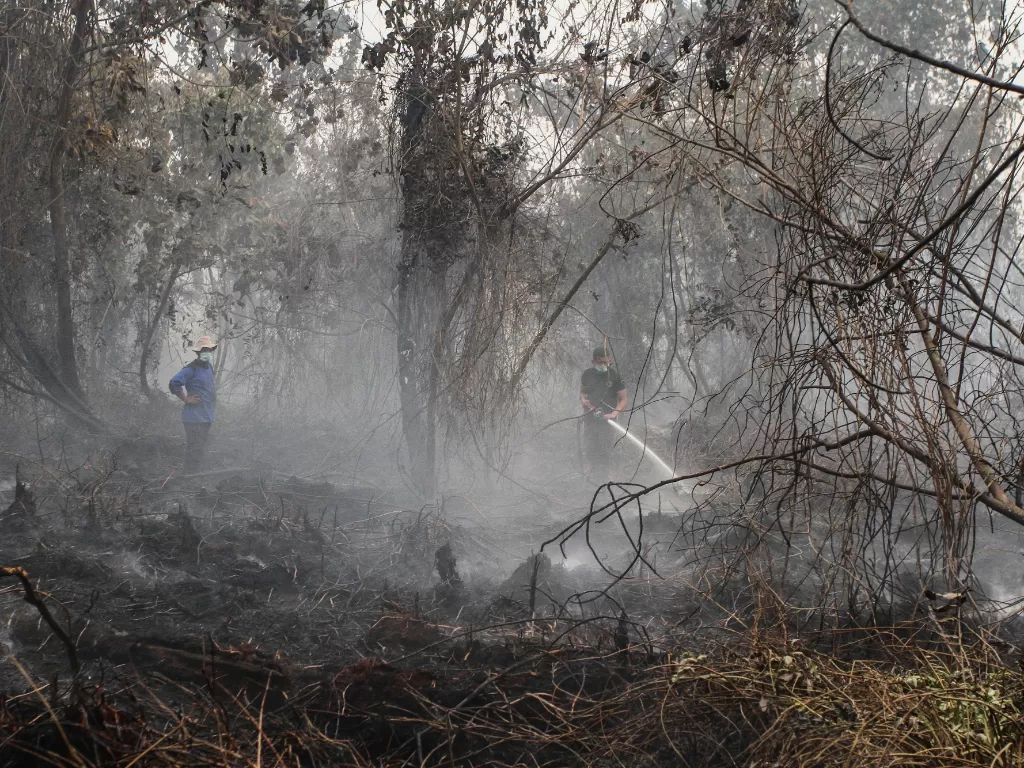 Satgas Karhutla Riau berupaya melakukan pemadaman di tengah pekatnya asap kebakaran lahan gambut di Pekanbaru, Riau, Rabu (18/9). (Antara/Rony Muharrman).