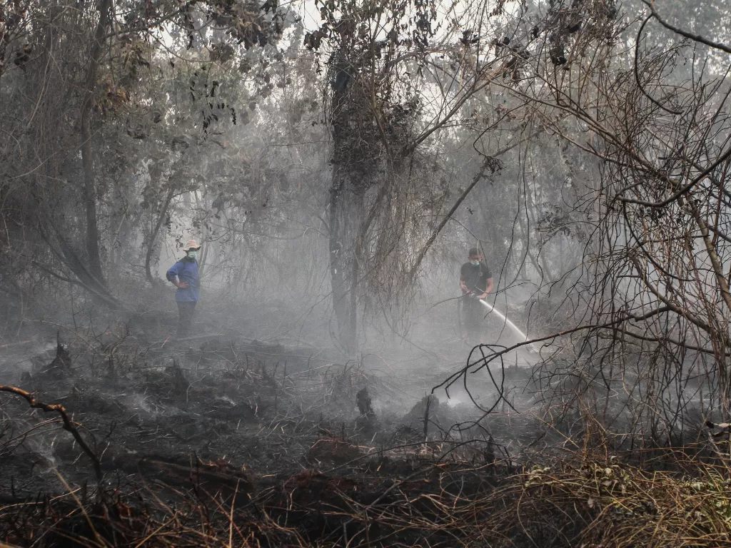 Satgas Karhutla Riau berupaya melakukan pemadaman di tengah pekatnya asap kebakaran lahan gambut di Pekanbaru. (Antara/Rony Muharrman)