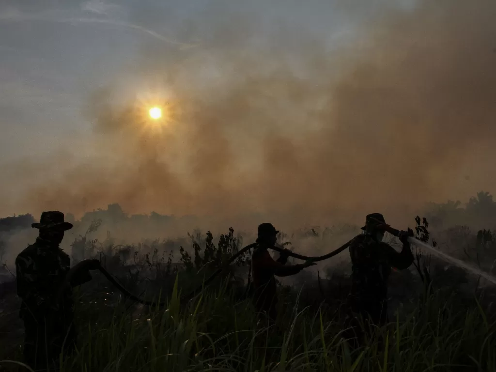 Petugas TNI berusaha memadamkan semak belukar yang terbakar di tengah pekatnya asap ketika terjadi kebakaran lahan gambut di Pekanbaru, Riau, Sabtu (3/8/2019). (Antara/Rony Muharrman).