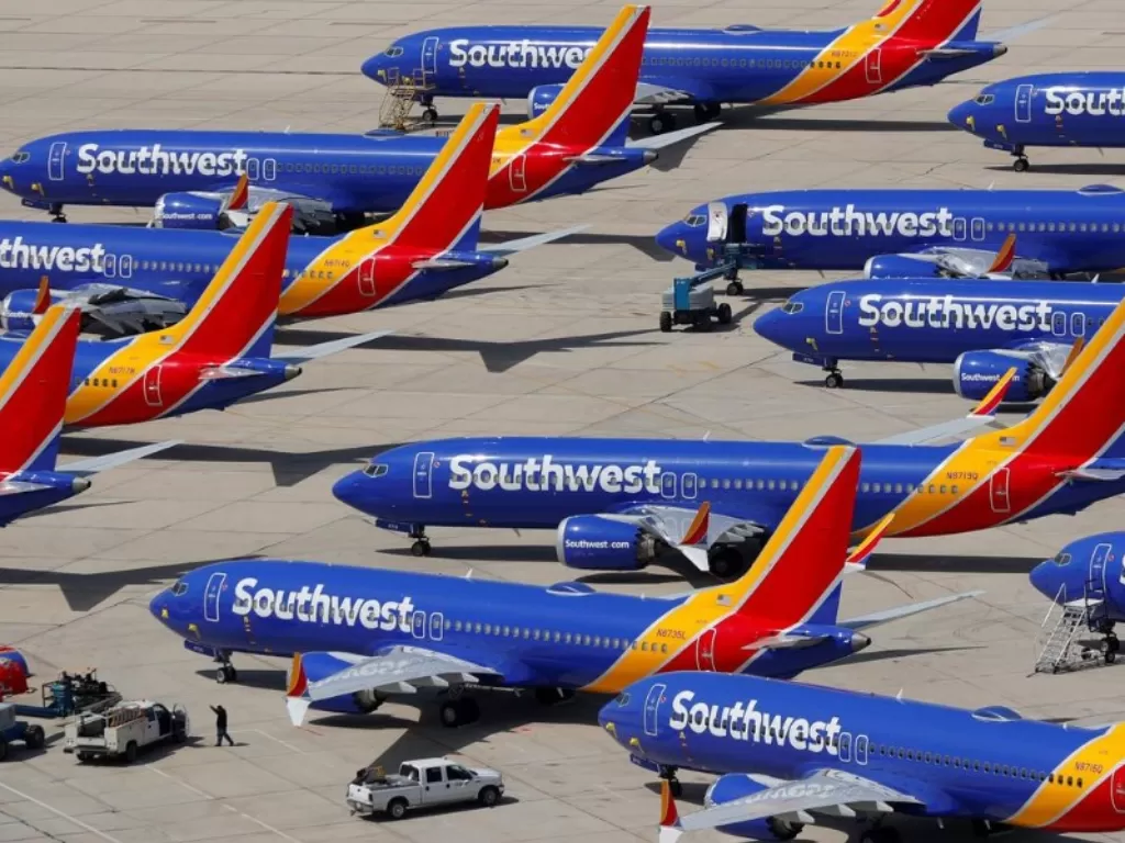 Sejumlah pesawat Southwest Airlines Boeing 737 MAX 8 yang parkir di Bandara Victorville , California, AS, 26 Maret 2019. REUTERS / Mike Blake