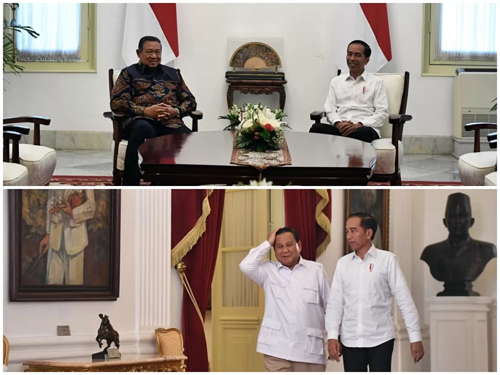 Momen Presiden Jokowi bertemu dengan Susilo Bambang Yudhoyono (atas) dan Prabowo Subianto (bawah) di Istana Kepresidenan. (Antara/Akbar Nugroho Gumay/Bayu Prasetyo)