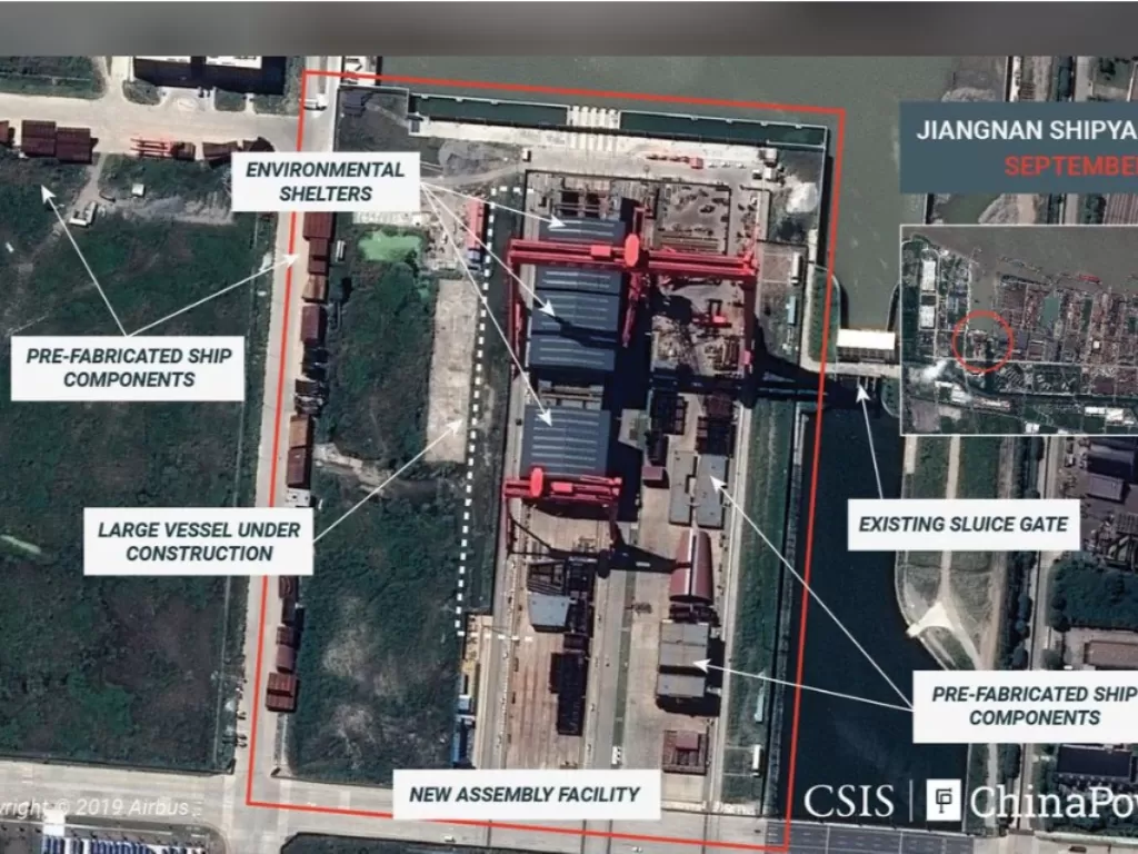 Citra satelit galangan kapal induk Tiongkok di Jiangnan. (CSIS/ChinaPower/Maxar Technologies and Airbus 2019/handout via Reuters)