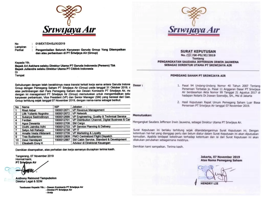 Surat dari manajemen Sriwijaya Air Group terkait pemulangan karyawan dari Garuda Indonesia Grup. (Kolase/Dok. Istimewa)