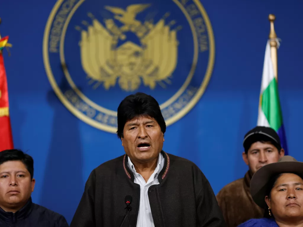 Presiden Bolivia Evo Morales saat berpidato pengunduran dirinya. (Reuters/Carlos Garcia Rawlins)