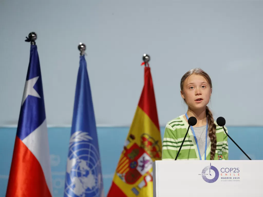  Aktivis perubahan iklim Greta Thunberg berbicara di Konferensi Tingkat Tinggi (KTT) tentang Iklim COP25 di Madrid, Spanyol, 11 Desember 2019. REUTERS/Susana Vera