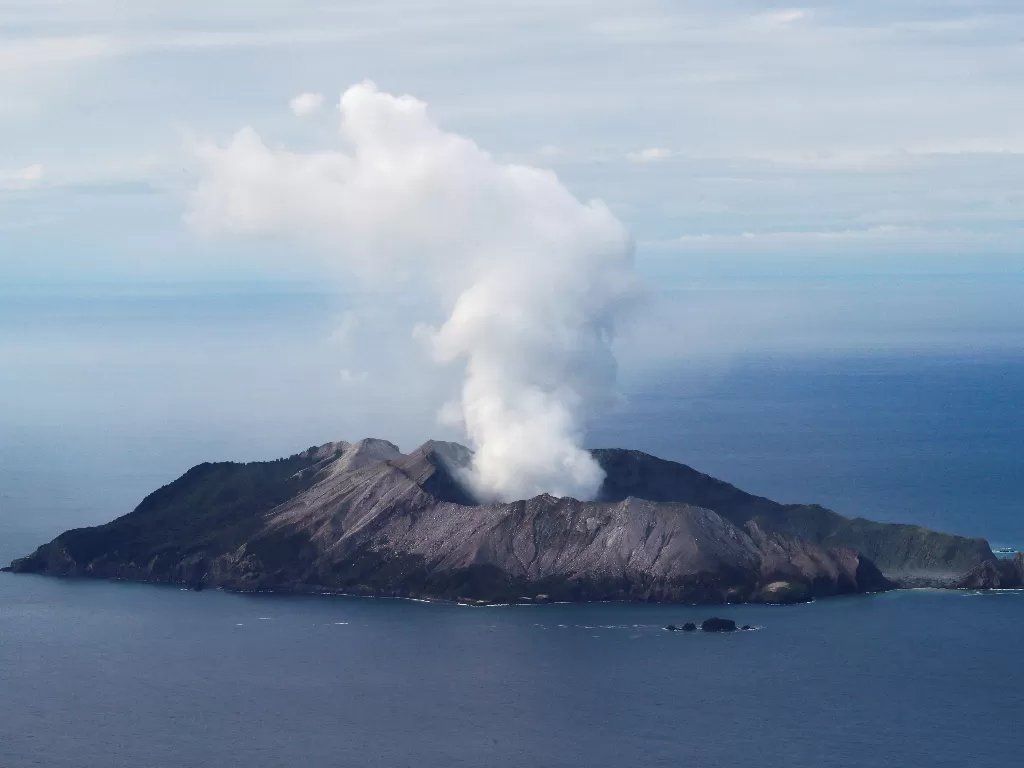 Foto udara gunung berapi Pulau Putih atau Whakaari pascaletusan di Selandia Baru, Kamis (12/12). REUTERS/Jorge Silva