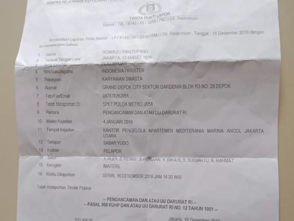 Surat pelaporan Mayjen TNI Purn. Sabar Yudo (Istimewa).