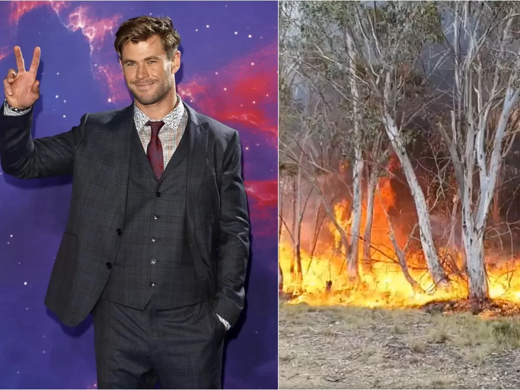 Kiri: Aktor Chris Hemsworth. (instagram/@chrishemsworth), Kanan: Potret kebakaran hutan di Australia (REUTERS/Ingleside Rural Fire Service)
