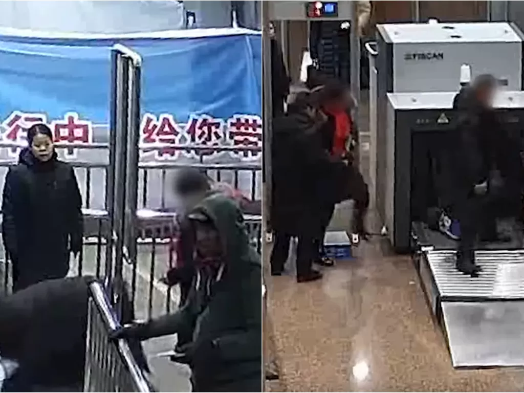 Potret pria yang masuk dalam mesin pemindai barang (screenshoot/YouTube/ CHINA LIVE)