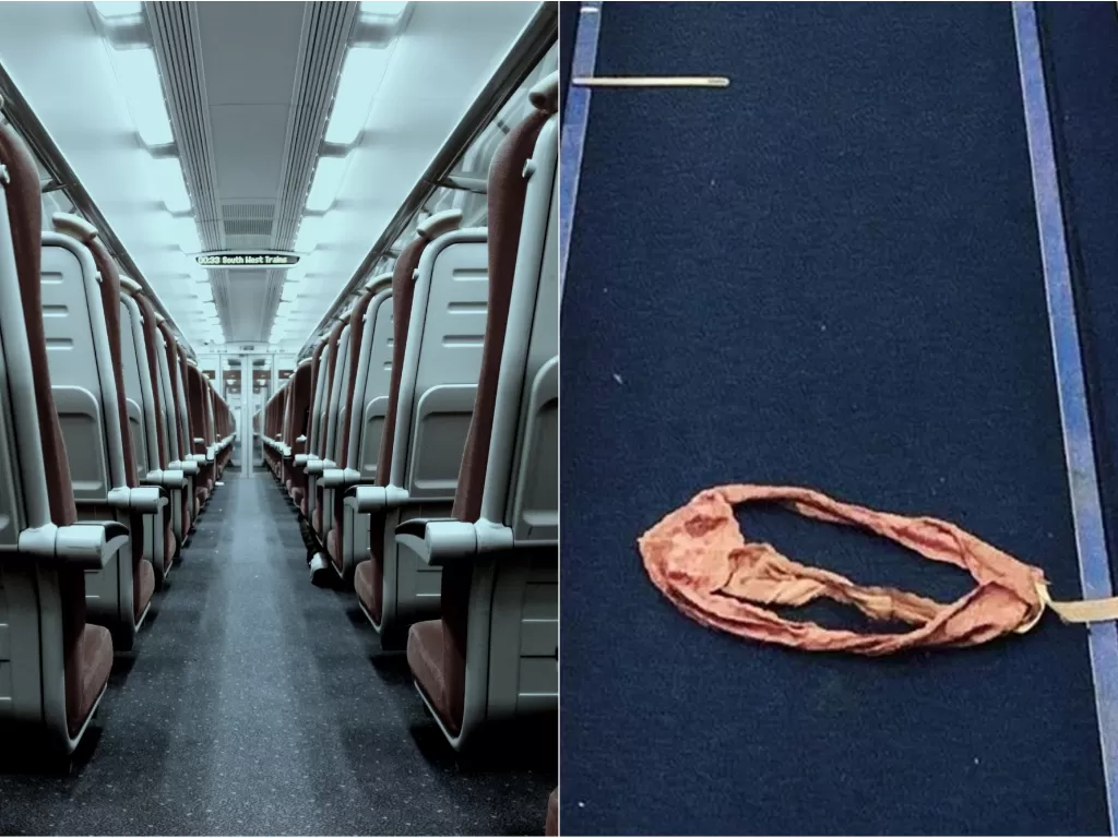 Kiri: ilustrasi suasana dalam pesawat (unsplash/Andrew Scofield) Kanan: Celana dalam berwarna pink yang gegerkan banyak orang (The Sun)