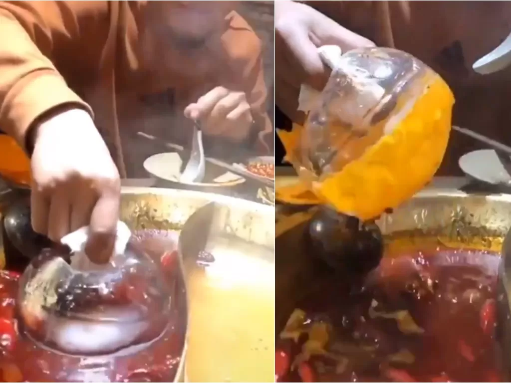 Kiri: Es batu sebelum saat dicelupkan ke kuah hot pot. Kanan: Es batu yang mengangkat minyak dalam kuah hot pot (screenshoot/Twitter/@AMAZINGSClENCE)