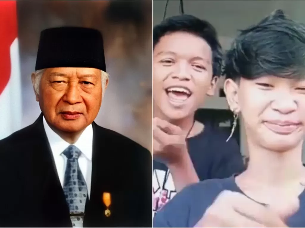 Kiri: Presiden Soeharto (en.wikipedia.org). Kanan: Potret generasi masa kini yang memilukan (screenshoot/Facebook/Dika)