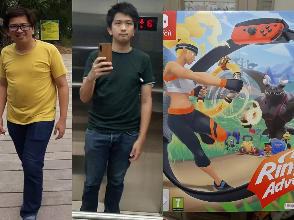 Kiri: Pria yang berhasil menurunkan berat badannya berkat game / kanan: game  Ring Fit Adventure (Facebook/Migui Minja)