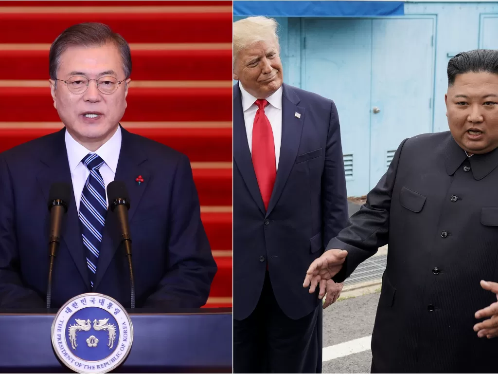 Kiri: Presiden Korea Selatan, Moon Jae-in (REUTERS/Yonhap). Kanan: Presiden Donald Trump tengah bersama Kim Jong Un (REUTERS/Kevin Lamarque)