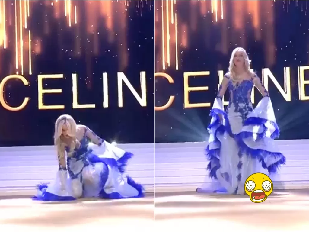 Ratu Kecantikan Miss Belgium jatuh saat di atas panggung (screenshoot/Twitter/@RTLplay)