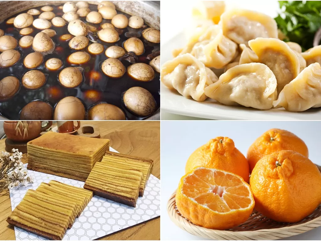 Ilustrasi makanan khas wajib Tahun Baru Imlek (Twitter/@ImageholidayTHA/lostlaowai.com/Instagram/@mokocakeid/guide.michelin.com)