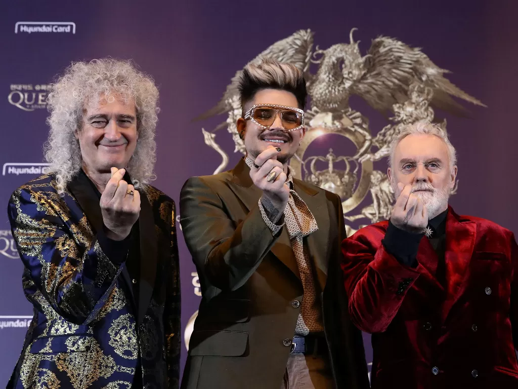  Personil group musik Queen Brian May, Adam Lambert, dan Roger Taylor menghadiri konferensi pers jelang Rhapsody Tour, di Conrad Hotel, Seoul, Korsel, Kamis (16/1/2020). (REUTERS/Pool/Chung Sung-Jun)