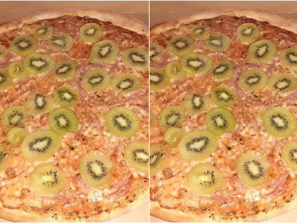 Pizza dengan toping buah kiwi dari restoran Danish Pizzaria. (Twitter/Ranbal_ral)